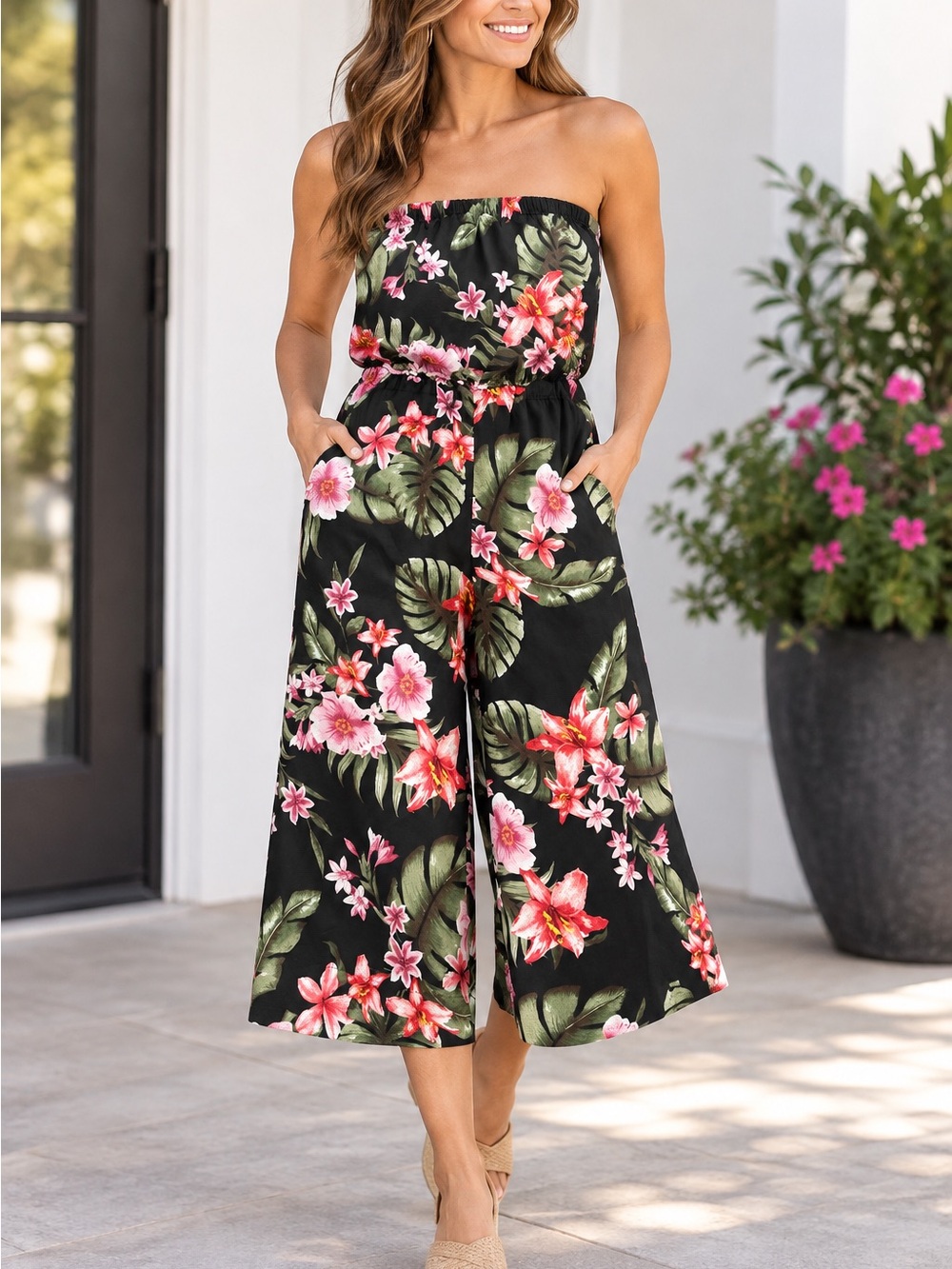 Purple Snow Black Strapless Wide-Leg Jumpsuit with Pink & Green Floral Print
